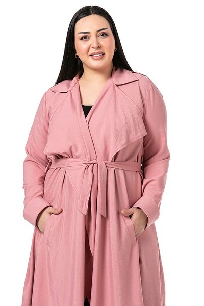 DISENTIS MODEST Plus Size - Ροζ μακρύ μπουφάν με επωμίδες, σκισίματα και ζώνη