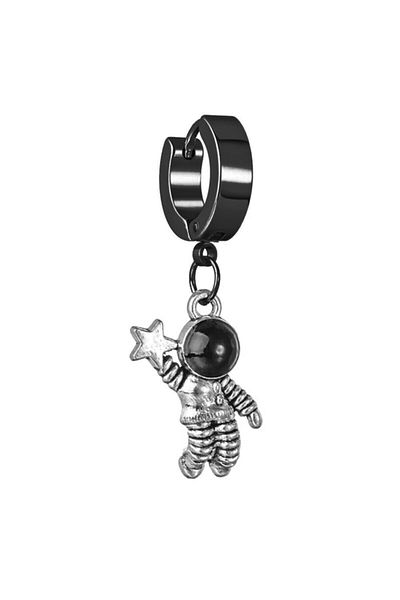 The Collection Unisex Stainless Black Steel Astronaut Robot Pendant Hoop Earrings