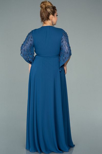 Abiyefon Stone Detailed Indigo Chiffon Plus Size Evening Dress - Short Sleeve Abu2071