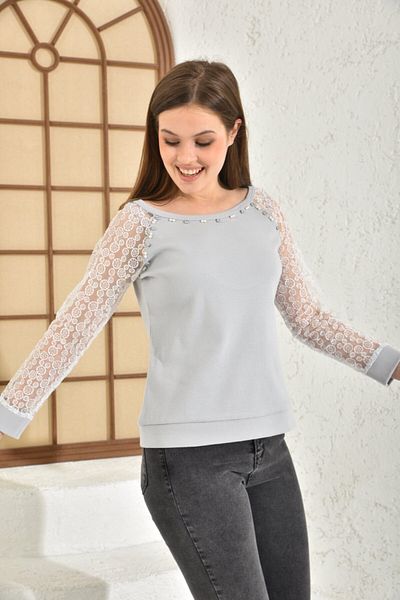 COMMFYY Light Gray Women's Blouse with Ruched Sleeves, Stone and Pearl Detail and Low-cut Back