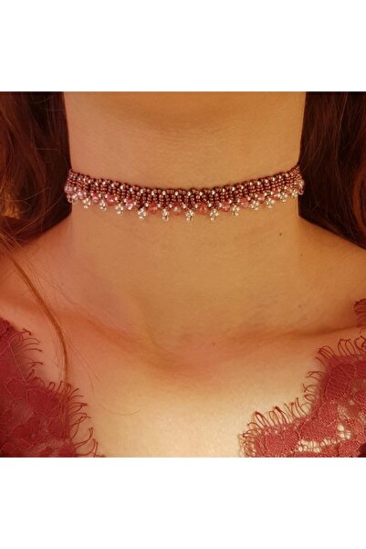 Handmade By HLY قلادة المختنق المصنوعة يدويا من حجر الكريستال الوردي