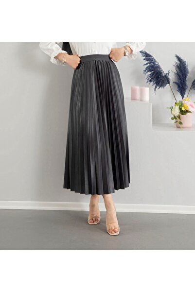 SedaKobal Leather Look Pleated Skirt Anthracite