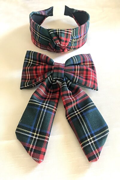 alsaccessories Combinație de coroană de păr verde cu model în carouri și agrafă cu fundă