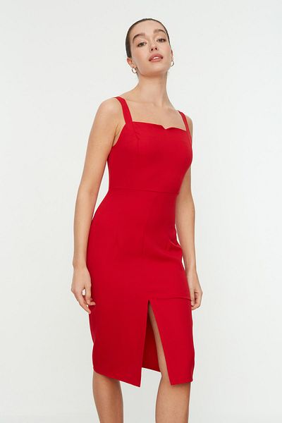 Trendyol Collection Red Strap Midi Pencil Skirt Dress - Slit Detail, Body Lines Revealing TWOSS19BB0216