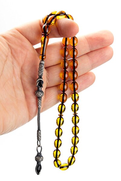 OTTOTESBİH 8x12mm Barley Cut Fire Amber Rosary with Silver Kazaz Tassels