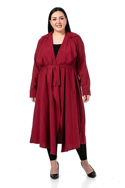 DISENTIS MODEST Marime Plus - Jachetă lungă Bordeaux cu epoleți și fante cu curea