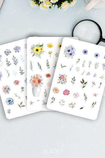 TUGİBU Floral Sticker Set 95 Pieces Stickers for Agenda, Notebook, Planner