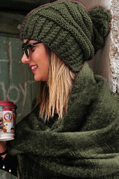 sema aksesuar 52 قبعة نسائية محبوكة بومبوم - كاكي