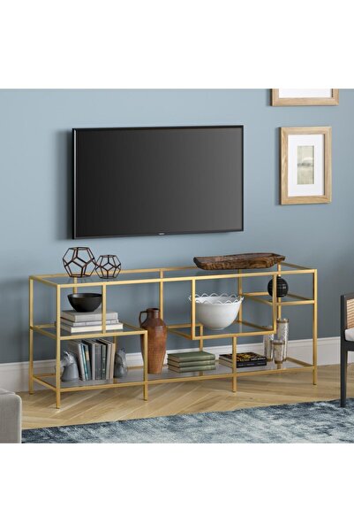 MERZANA Metal Gold Tv Ünitesi, Cam Raflı Tv Ünitesi