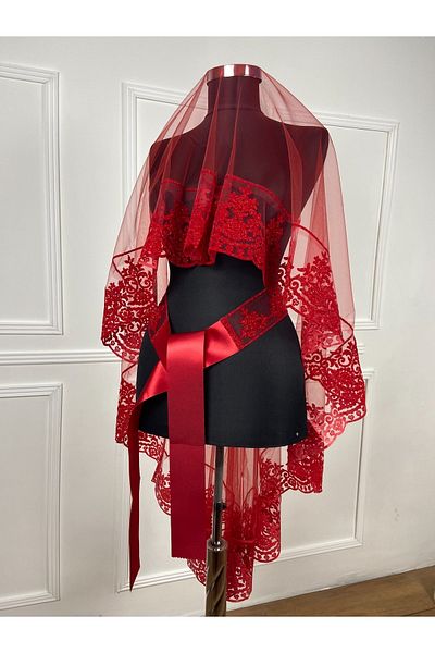 ZEYMERADE Red Bridal Veil Henna Veil Set Set Flocked Glitter