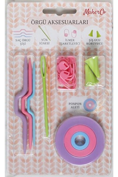 ATMACA TUHAFİYE Örgü Aksesuarları Seti -saç Örgü Şişi, Yün Iğnesi, Ilmek Işaretleyici, Şiş Ucu Koruyucu, Ponponmatik