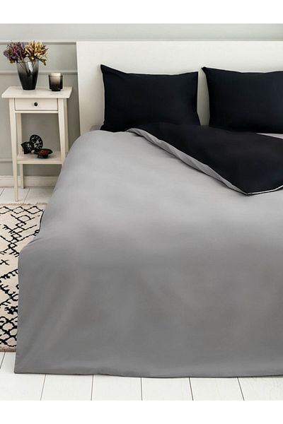 mer-tim ezberbozan ev tekstili Mertim Cotton Ranforce Single Dimensiune mică 135x200 Husă de pilota cu două fețe Husă de pilota Negru-gri
