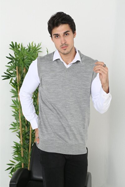 Nacar Erkek Gri V Yaka Süveter Yelek