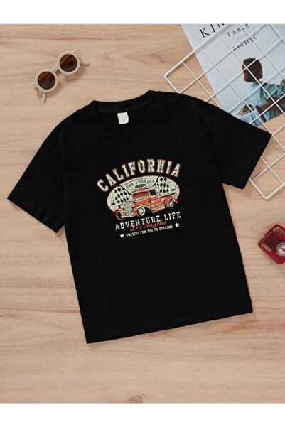 LePold تي شيرت للأطفال مطبوع عليه كالفيورنيا باللون الأسود