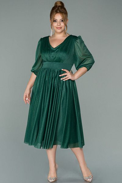 Abiyefon Emerald Green Capri Sleeve Glitter Midi Plus Size Evening Dress Abk1098