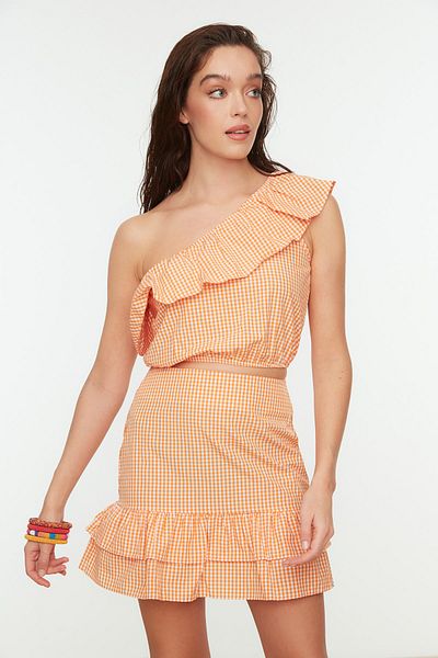Trendyol Collection Orange Gingham Single Vállas Fodor alsó felső öltöny TBESS21AU0090