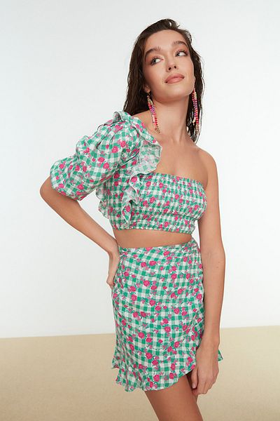 Trendyol Collection Green Floral Print Woven Ruffle One Shoulder Blouse Skirt Suit TBESS20AU0030