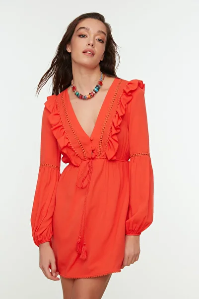 Trendyol Collection Red Ruffle Detailed Beach Dress TBESS22EL0058