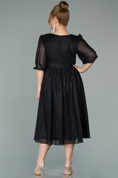 Abiyefon Black Capri Sleeve Glitter Midi Plus Size Evening Dress Abk1098