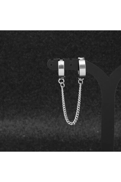 The Collection Zincir Bağlantılı Gümüş Cerrahi Çelik Halka Küpe Alt Delikli Üst Deliksiz