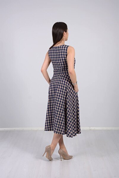 giyimmasalı Checked Fabric Midi Dress - Cream Color