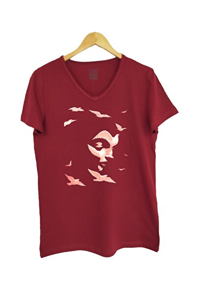 Raf Coll Unisex Štampano V-izrez bordo crvena T-shirt
