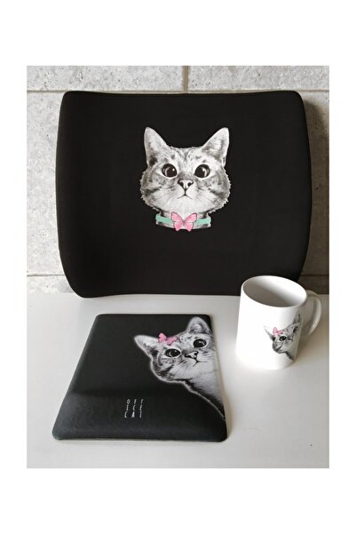 Officeküp Meraklı Kedi Visco Bel Yastığı Mouse Pad Kupa 3'lü Set -siyah