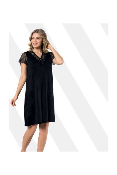 KOTA Kadın Gecelik Yarım Kol Dantelli Siyah Sm