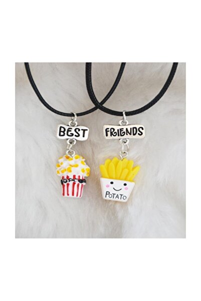 AlpCollection Patlamış Mısır Patates Best Friends 2li Çift Suni Deri İpli Kolye