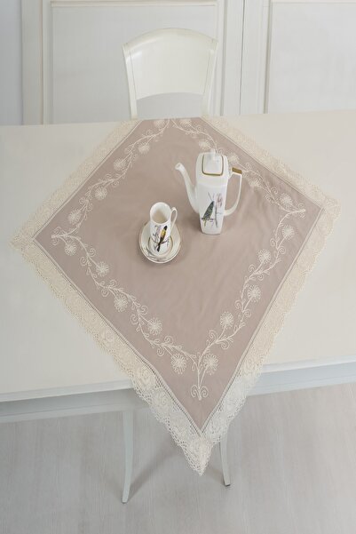ÖDEL HOME Milk Coffee Buldan Fabric Lacy Thread Embroidered 90X90 cm Tablecloth