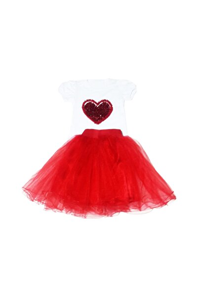 Nisu Tasarım Tricou cu inimă roșie - Set fustă tutu cu căptușeală roșie