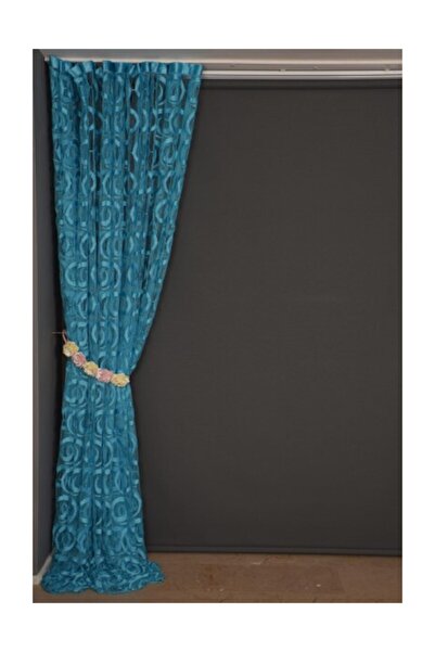 AKÇA TEKSTİL Vakko Model Turquoise Color Rope Curtain Ready-made Buttons Sewn Rope Curtain 300*270 Cm