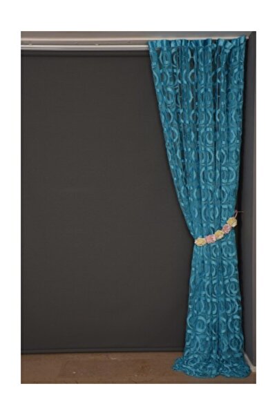 AKÇA TEKSTİL Vakko Model Turquoise Color Rope Curtain Ready-made Buttons Sewn Rope Curtain 300*270 Cm