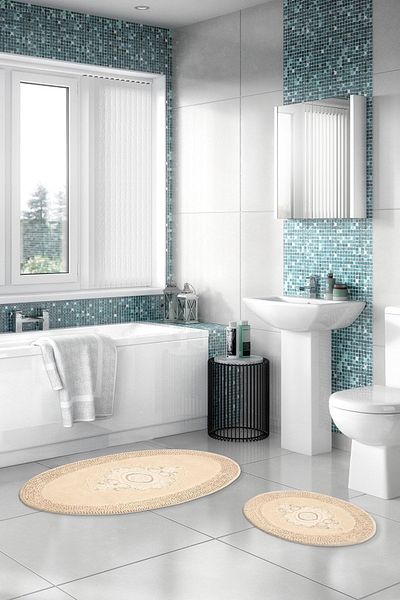 Alanur Home Alanur Salina Κεντημένο Οβάλ Βαμβακερό Ζυμαρικό Σετ 2 Πατάκια Καπουτσίνο