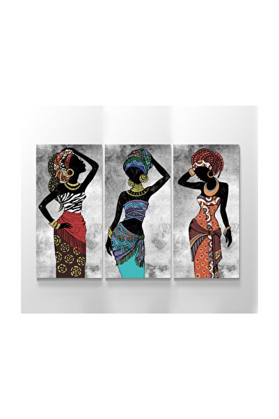 Meteor Galeri Afrikalı Renkli Siyahi Kadınlar 3 Parçalı Kanvas Tablo / 30x60c...