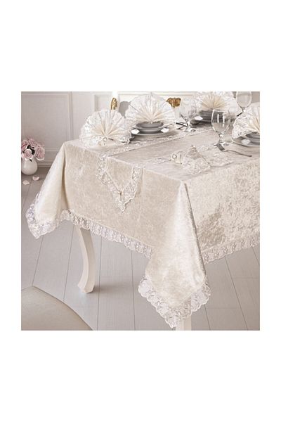 Selin Boxed Luxury Velvet 18 Piece Tablecloth Set for 8 People - Zara - Cream Color