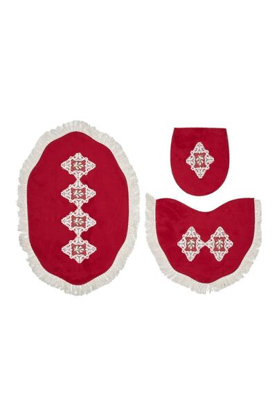 Alanur Home Комплект за баня с 3 части, с бродерия във формата на лилия, червен