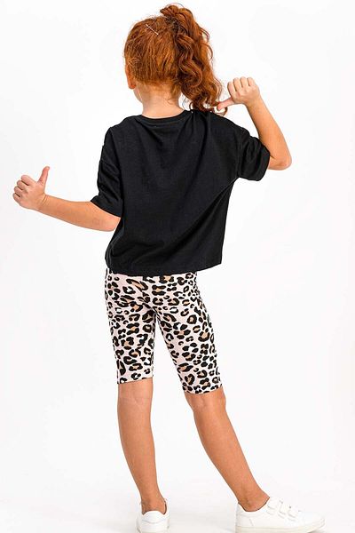ROLY POLY Girl's Black Dance Leopard Patterned Crew Neck Tights Set