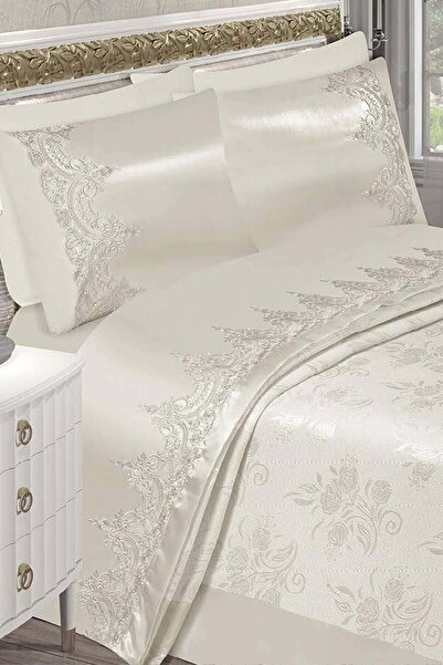 Bonny Home Kevser Krem Fransız Dantelli 6 Parça Çift Kişilik Pike Çeyizlik Pi...