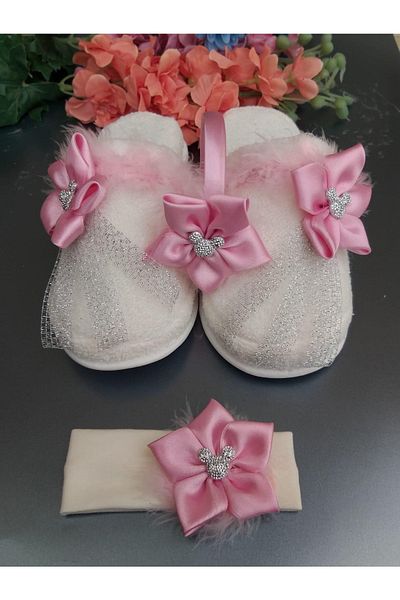 Melkady Aksesuar Melkady012- 3-Piece Maternity Set, Pink Feather Handmade Satin Floral Maternity Slippers, Baby Headband and Crown