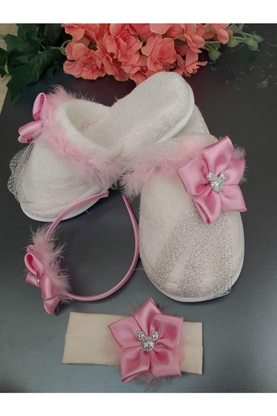 Melkady Aksesuar Melkady012- 3-Piece Maternity Set, Pink Feather Handmade Satin Floral Maternity Slippers, Baby Headband and Crown