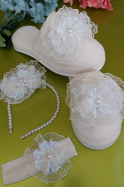 Melkady Aksesuar Melkady 015- 3-Piece Maternity and Bridal Set Glittered Lacy Maternity Slippers Pearly Crown and Baby Hair Band
