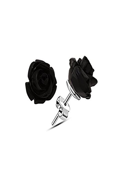 Huarz Gümüş Kadın 925 Ayar Siyah Gül Gümüş Küpe 8mm