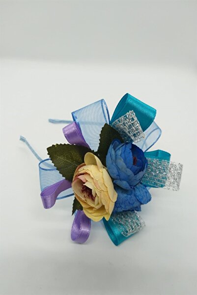 Melkady Aksesuar 2'li Lohusa Seti, Mavi Şifon Saten Parlak File Çiçek Buketi Terlik Ve Taç 004-