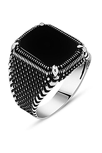 Tesbihane Nokta İşlemeli Siyah Köşeli Oniks Taşlı 925 Ayar Gümüş Erkek Yüzük