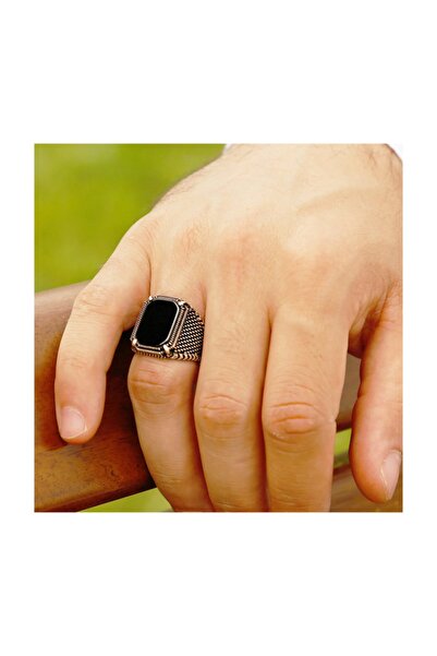 Tesbihane Nokta İşlemeli Siyah Köşeli Oniks Taşlı 925 Ayar Gümüş Erkek Yüzük