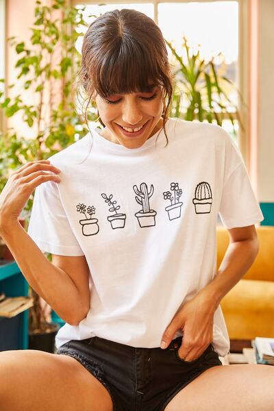 Olalook Γυναικείο T-shirt με στάμπα λευκού κάκτου TSH-19000349