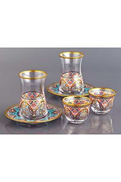 Kristal Evla Gold Decor 18 Piece Tea Cup and Mırra Set - 6 People