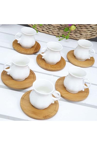 panayır 12 Piece Porcelain Coffee Cup Set for 6 Persons with Bamboo Saucer Gift Cup
