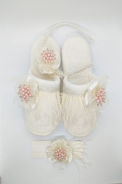 Melkady Aksesuar 3-Piece Bride and Maternity Set, Maternity Slippers with Brooch, Pearl Crown and Baby Headband with Salmon Brooch 018so-